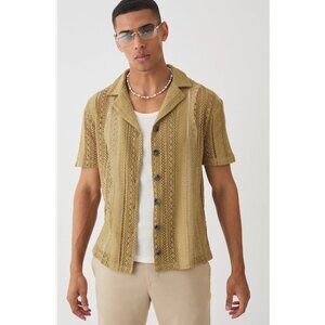 San Francisco Work Shirts Lace Short Sleeve Button Up Shirt Tan/Gold Mens M Boho